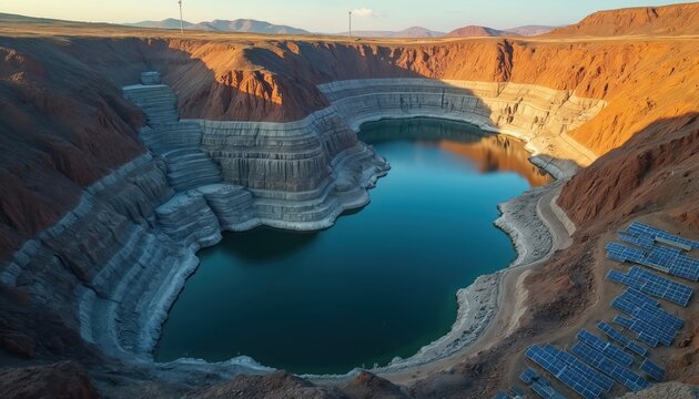Aerial view of a quarry with a blue water lake and solar panels. Renewable energy and eco tech integrate with natural landscape. Sunlight illuminates the scene.