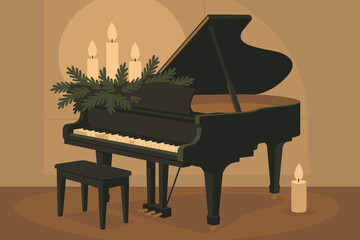 Serenity vector evergreen glowing creating grand softly mood festive piano illustration room