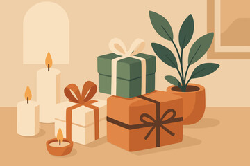 Illustration expressing still serenity minimal home celebration plant joyful life vector candles