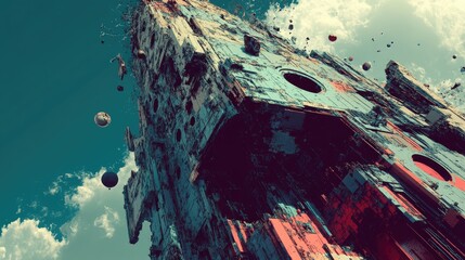 Fragmented futuristic tower floats midair with spherical debris. Complex mechanical textures cover a towering structure partially exploding into the sky under sharp lighting. Generative AI