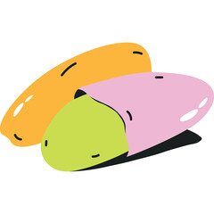 Two stylized abstract shapes one yellow and one pink with a green element peeking out on a white background with simple linework shadows