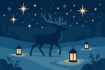 Stars winter atmosphere sparkle illustration filled quiet vector reindeer under glowing