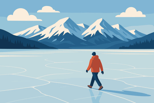 Beyond vector evoking winter tranquility mountains walking vast walk illustration person serenity