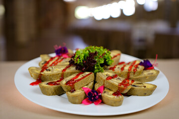 Chicken roll stuffed with spinach and dried tomatoes. High quality photo