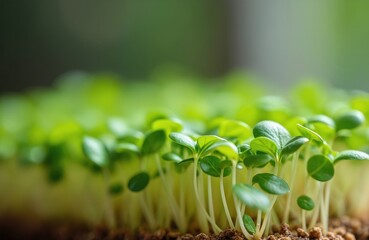 Small fenugreek microgreens sprout with green leaves emerging from soil. Young plants grow in shallow bed, ideal for vegan diet, healthy eating, or garden inspiration.