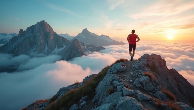 Athlete runs on mountain ridge during sunset. Runner training at altitude with mountains in the background. Ultra marathon exercise. Man doing sport outdoor on nature adventure