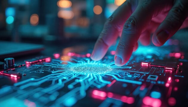 Fingers interact with glowing futuristic circuit board. Advanced tech development shows glowing lines and components on a dark background with bokeh lights. This represents innovation and high tech.