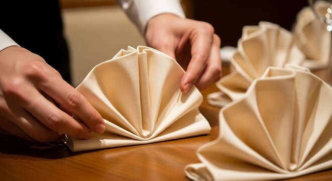 Elegant napkin folding at a fine dining establishment, preparation stage