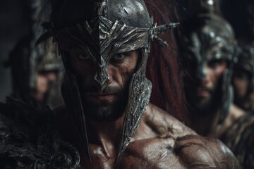 A muscular warrior in a spiked helmet stares intensely, surrounded by armored comrades. The dimly lit scene conveys ancient battle readiness and raw strength.  