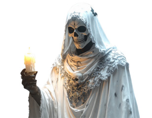  White Hooded Skeleton Ghost with Candle and Bats – Haunted Night Concept PNG