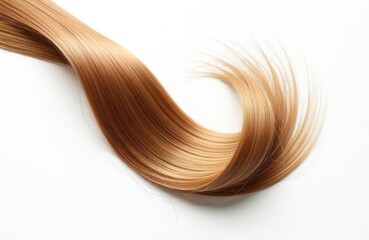 Strand of shiny brown hair on white. Wavy curl lies isolated. Healthy blonde light brown hair piece for extensions coiffure creation. Beauty salon presentation banner. Advertisement of haircare