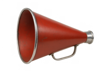 Red vintage megaphone creating clear sound, amplifying voice, communicating messages loudly on transparent background