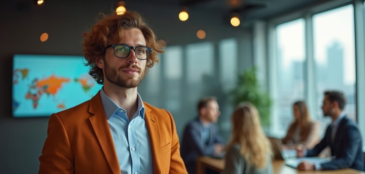 Confident businessman in glasses looks at investors. Man in jacket at presentation in modern office. Team members work together near window. Business meeting or corporate event.