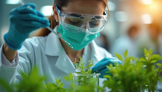 Scientist in lab coat uses pipette with liquid sample near green plant. Woman wears goggles and face mask, conducts research with tiny sprout in beaker. Focus on plant growth experiment.