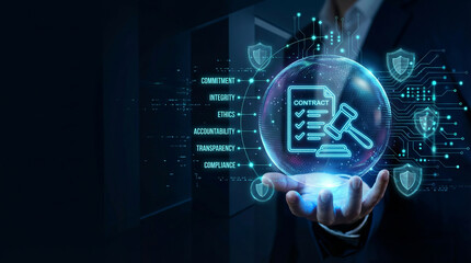 Obraz premium Legal technology and business ethics concept with a digital contract and gavel for corporate compliance and accountability