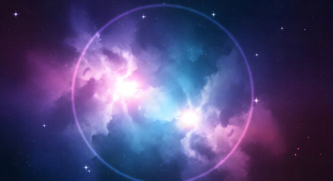 Cosmic nebula with bright stellar explosion contained within a glowing circular frame, vibrant interstellar gas clouds in deep space