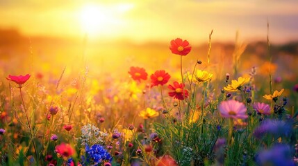Wildflower meadow in full bloom with multicolored flowers under a golden sunset sky, trees in background, long grass covering the field. Generative by AI