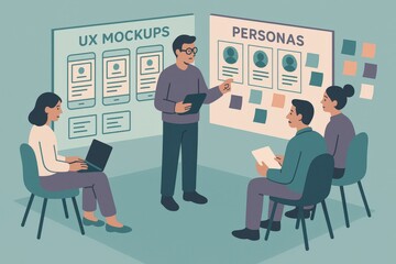Collaborative Design Session with UX Mockups and User Personas Showcasing Team Dynamics in Creative Problem Solving and Innovative Digital Solutions
