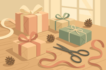 Wrapping cones illustration table vector pine scissors ribbons serenity calm gift pastel