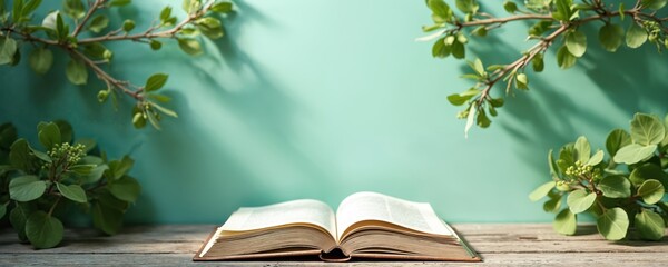 Open book rests on aged wooden table framed by rich green branches casting soft shadows. Teal wall background provides ample copy space for text.