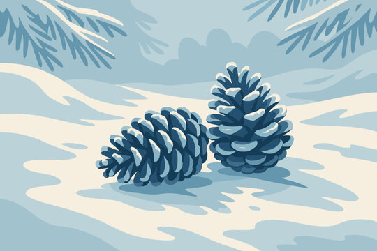 Resting composition vector illustration minimalist natural frosted ground shadows snowy creating pinecones