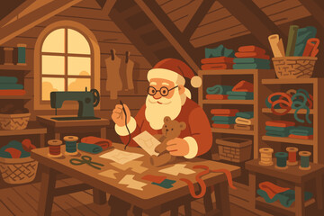Craft cozy vector santa attic filled light fabric illustration ribbons workshop detail