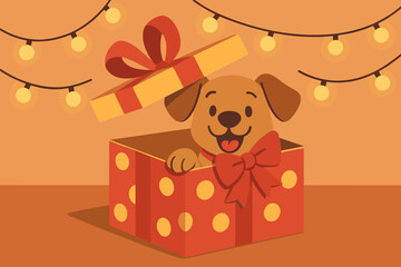Surprise background festive gift cheerfulness box glowing dog radiating present vector illustration