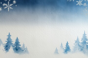 a simple watercolor background with white christmas trees and snowflakes on the edges, a gradient of blue to gray in the middle Generative AI