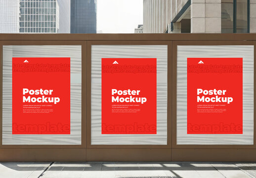 Set of Three Vertical Poster Mockups on a High Wooden and Metal Railing