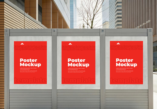 Set of Three Vertical Poster Mockups on a Low Glass and Metal Fence