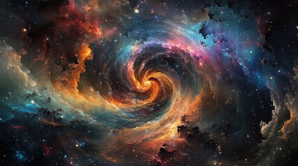 Vivid nebula in deep space with swirling patterns of orange, pink, blue, and purple, scattered stars across dark cosmic background. Generative by AI