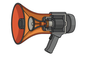 Fototapeta premium Megaphone cross-section showing internal components, communication, and sound amplification technology illustration on transparent background