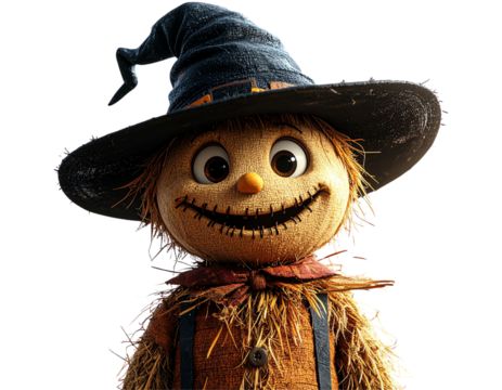 Friendly Halloween Scarecrow with Witch Hat and Wide Smile
