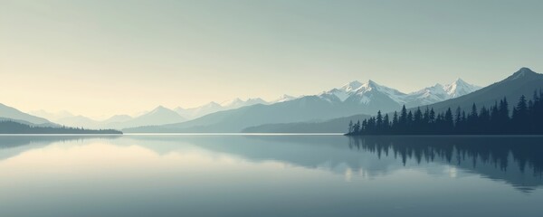 Calm lake reflects snow capped mountains and pine forest under pale morning sky. Serene wilderness landscape offers peaceful nature view, cool climate feel, and outdoor tranquility.