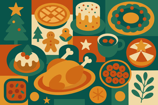 Holiday contrasts geometric dishes conveyed warm vector arrangement feast illustration cool energy
