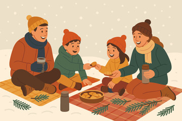 Sharing joyful branches outdoor children gently vector winter illustration snowflakes parents cheerful