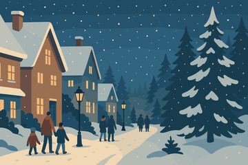 Winter walking lining village pine serenity illustration rooftops lanterns glowing vector