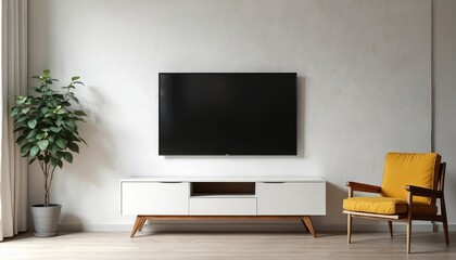 Modern living room with flat screen TV mounted on white plaster wall. Minimalist white media console on wood legs. Bright yellow armchair and tall green potted plant.