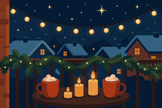 Vector lights illustration sky winter string decorated above cocoa cozy starry balcony