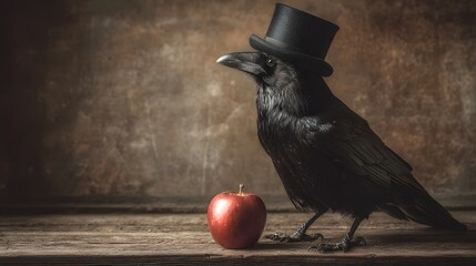 Obraz premium Elegant Raven in Top Hat with Red Apple on Rustic Wooden Surface.