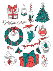 Christmas decoration hand drawn vector illustration set