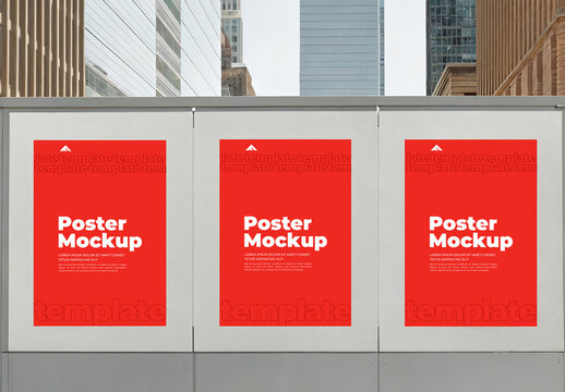 Set of Three Vertical Poster Mockups Side-by-Side on a Modern Building Facade