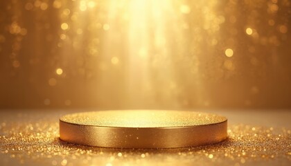 Round gold podium covered in glitter, centered on a surface with sparkling golden particles. Soft yellow light beams from above onto the stage, creating bokeh effects. Luxury award winner platform.