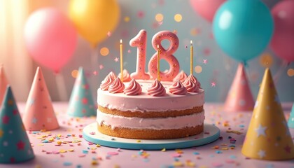 Pink two tiered birthday cake with number 18 topper and candles. Festive party scene with balloons, hats, and confetti. Celebrating eighteenth year milestone, transition to adulthood.