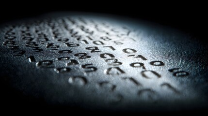 Embossed Metal Surface with Random Numbers and Letters in Low Light.