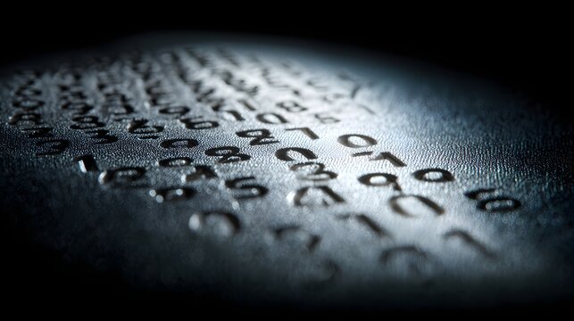 Embossed Metal Surface with Random Numbers and Letters in Low Light.