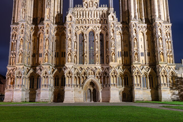 Night photo of Wells cathedral in Somerset