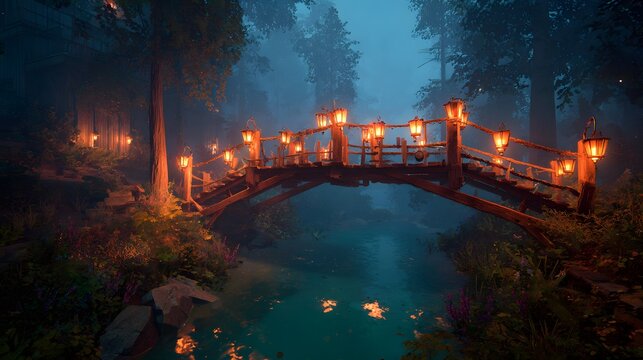 Enchanted Forest Bridge Illuminated by Glowing Lanterns at Twilight.