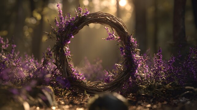 Enchanted Forest Portal with Lavender Flowers and Mystical Light.