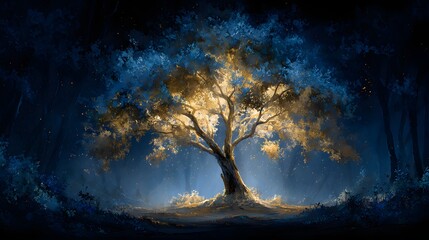 Enchanted Glowing Tree in Dark Forest Fantasy Landscape.